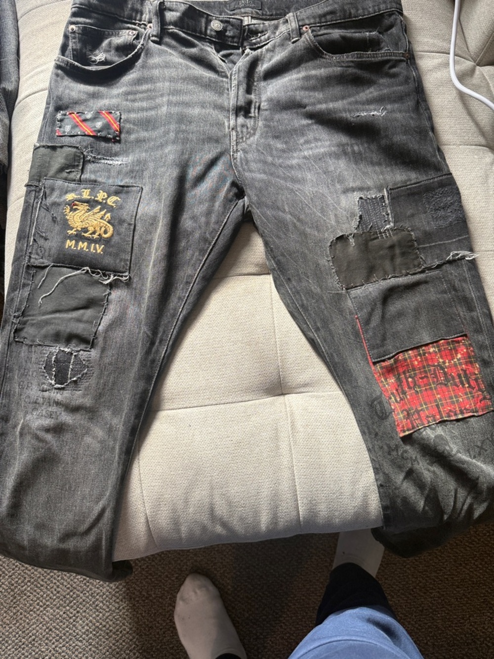Polo by Ralph Lauren Black Slim Straight Patchwork Jeans with Red Plaid Accents
